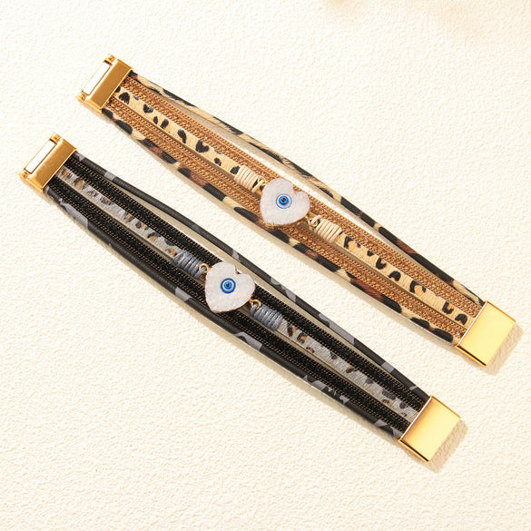 Alloy Heart Pattern Microinlay Unisex Magnetic Bracelet With Rhinestones And Pu Artificial Leather