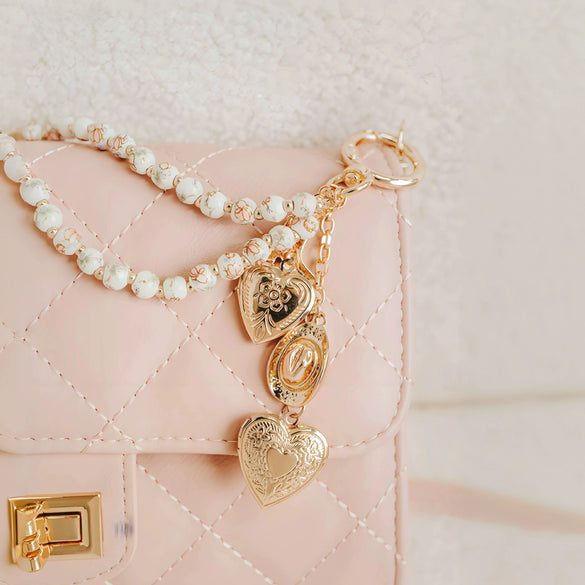 Alloy Heart Pearl Luggage Charm Pendant With Love Drop And Bell Patterns Electroplated