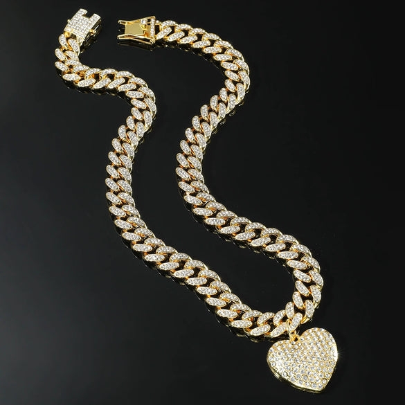 Alloy Heart Pendant Cuban Chain Hiphop Necklace With Diamond And Geometric Design