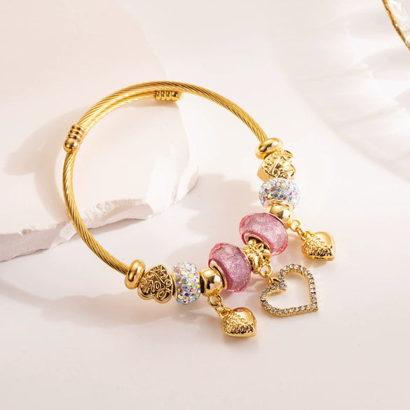 Alloy Heart Pendant Diamond Crystal Women's Stainless Steel Bracelet