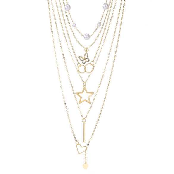 Alloy Heart Shape Butterfly Tassel Pendant Stacked Suit O Chain Necklace For Women Electroplated Jewelry