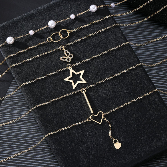 Alloy Heart Shape Butterfly Tassel Pendant Stacked Suit O Chain Necklace For Women Electroplated Jewelry