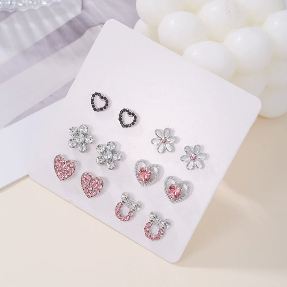 Alloy Heart Shaped Geometric Style Electroplated Pink Rhinestone Earrings Set For Women