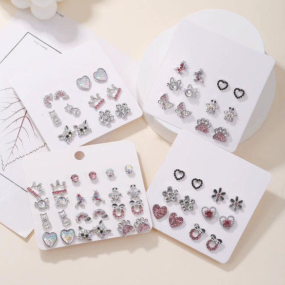 Alloy Heart Shaped Geometric Style Electroplated Pink Rhinestone Earrings Set For Women