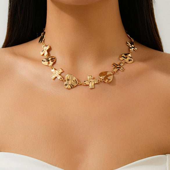 Alloy Heartshaped Electroplated Pleated Cross Stitching Necklace For Women