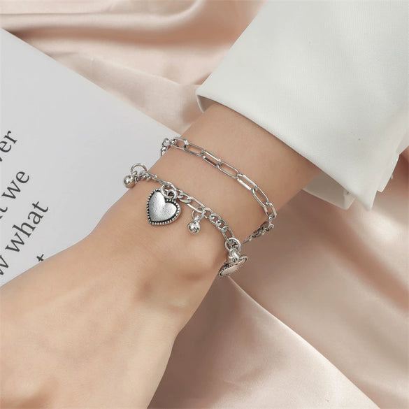 Alloy Heartshaped Retro Hiphop Women's Doublelayer Bracelets Electroplated