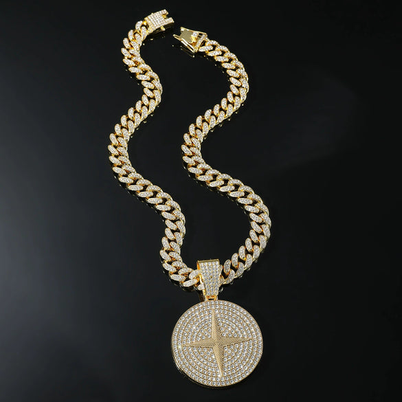 Alloy Hip Hop Cuban Chain Necklace With Diamond Cross Star Pendant And Geometric Pattern