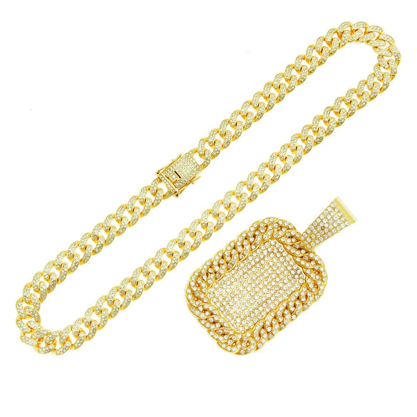 Alloy Hip Hop Exaggerated Geometric Diamond Military Pendant Cuban Chain Necklace For Men