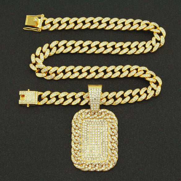 Alloy Hip Hop Exaggerated Geometric Diamond Military Pendant Cuban Chain Necklace For Men