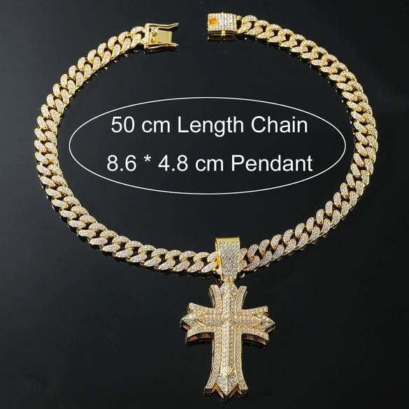 Alloy Hip Hop Geometric Diamond Cuban Chain Cross Necklace For Men And Women