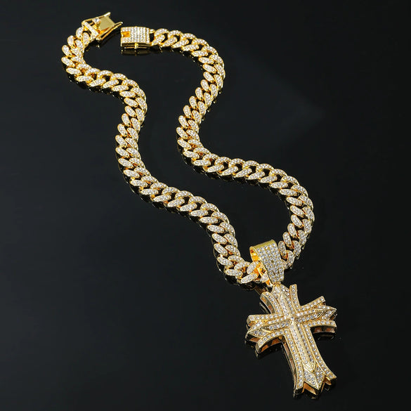 Alloy Hip Hop Geometric Diamond Cuban Chain Cross Necklace For Men And Women