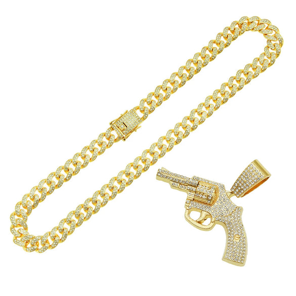 Alloy Hip Hop Geometric Diamond Gun Pendant Cuban Chain Necklace For Hipster Street Dance Motorcycle Wear Accessories