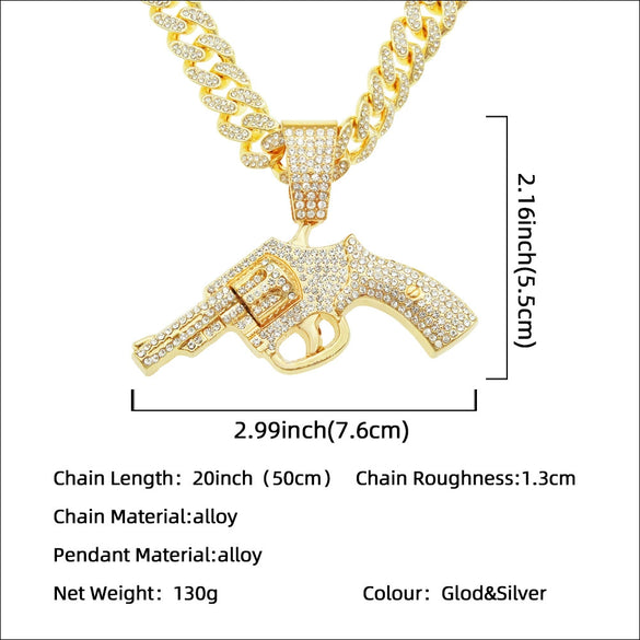 Alloy Hip Hop Geometric Diamond Gun Pendant Cuban Chain Necklace For Hipster Street Dance Motorcycle Wear Accessories