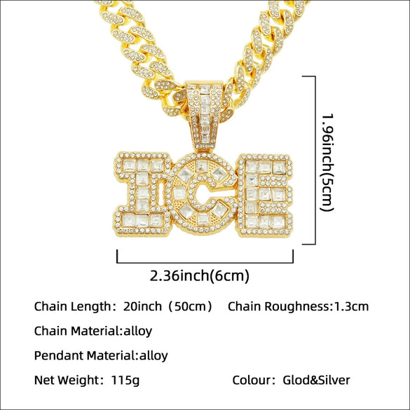 Alloy Hip Hop Spliced Square Diamond Letter Pendant Cuban Chain Necklace