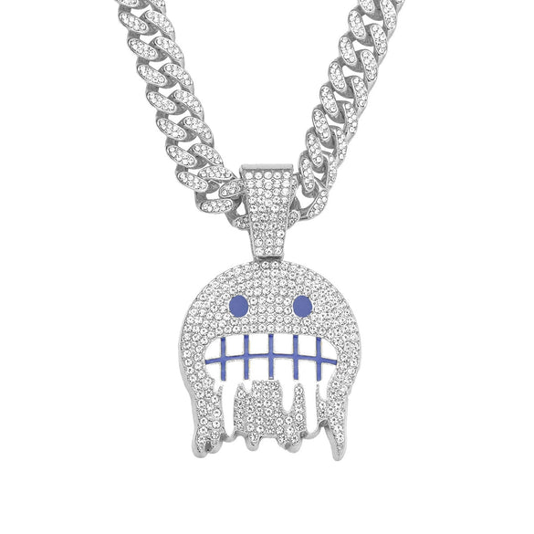 Alloy Hip Hop Style Men's Pendant Jewelry With Geometric Rhinestone Emoji Expression Pendant And Cuban Chain Set With Diamond