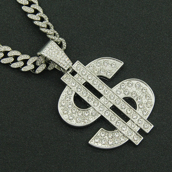 Alloy Hiphop Diamondencrusted Dollar Pendant Cuban Chain Necklace With Letters Numbers Text Pattern For Men