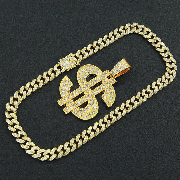 Alloy Hiphop Diamondencrusted Dollar Pendant Cuban Chain Necklace With Letters Numbers Text Pattern For Men