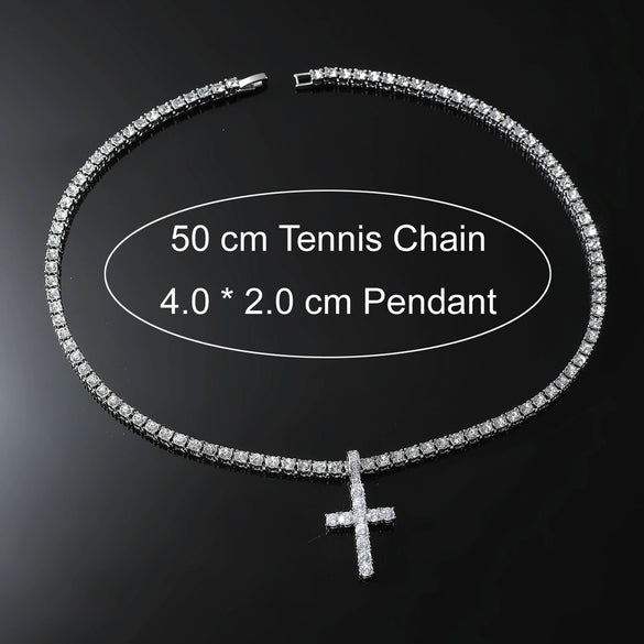 Alloy Hiphop Geometric Cross Pendant Necklace With Inlaid Zircon And Tennis Chain