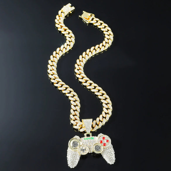 Alloy Hiphop Geometric Diamond Game Pendant Cuban Chain Necklace For Men