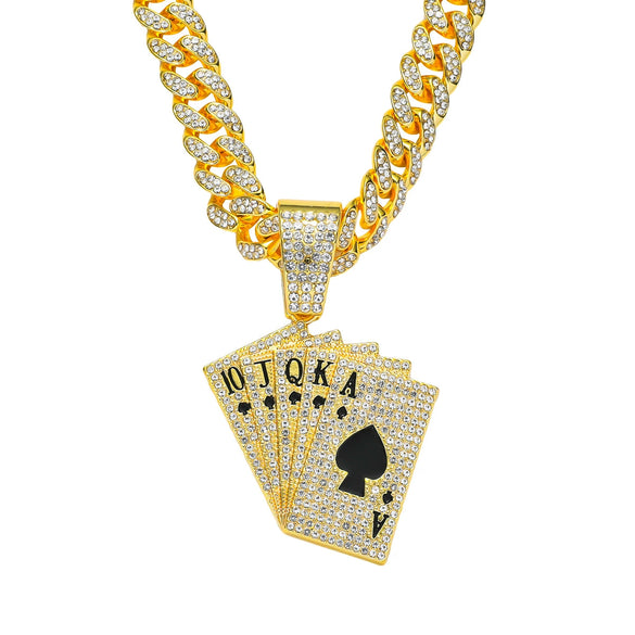 Alloy Hiphop Geometric Diamond Rhinestone Poker Pendant Necklace For Men With Cuban Chain