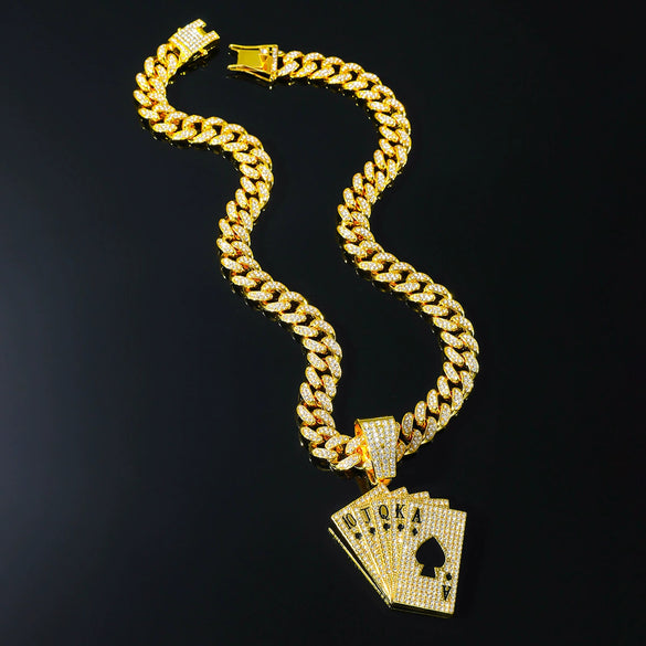 Alloy Hiphop Geometric Diamond Rhinestone Poker Pendant Necklace For Men With Cuban Chain