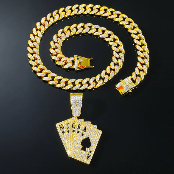 Alloy Hiphop Geometric Diamond Rhinestone Poker Pendant Necklace For Men With Cuban Chain