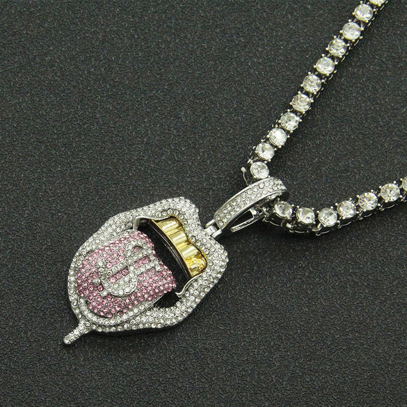 Alloy Hiphop Geometric Diamond Threedimensional Dollar Tongue Pendant Cuban Chain Necklace