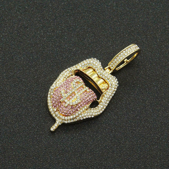 Alloy Hiphop Geometric Diamond Threedimensional Dollar Tongue Pendant Cuban Chain Necklace