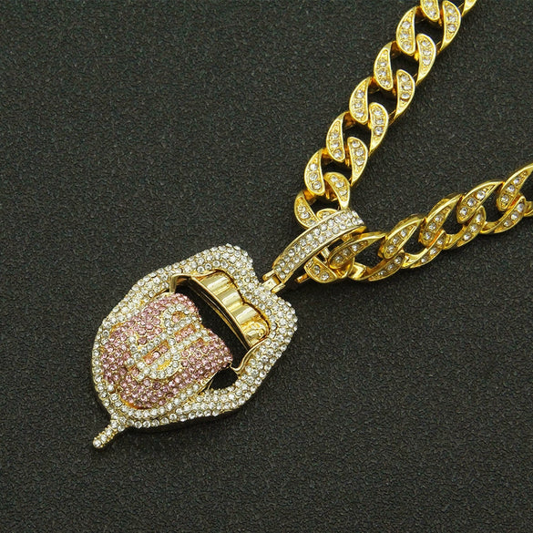 Alloy Hiphop Geometric Diamond Threedimensional Dollar Tongue Pendant Cuban Chain Necklace