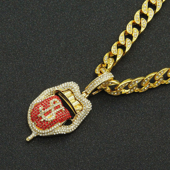 Alloy Hiphop Geometric Diamond Threedimensional Dollar Tongue Pendant Cuban Chain Necklace