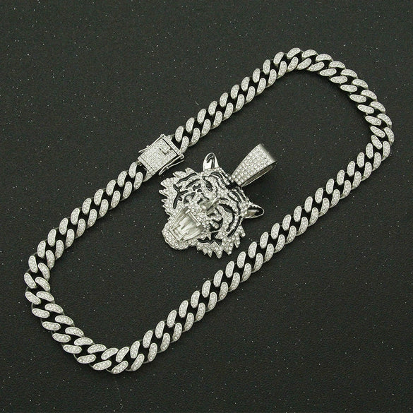 Alloy Hiphop Geometric Diamond Tiger Head Pendant Cuban Chain Men's Necklace