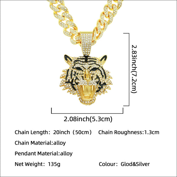 Alloy Hiphop Geometric Diamond Tiger Head Pendant Cuban Chain Men's Necklace