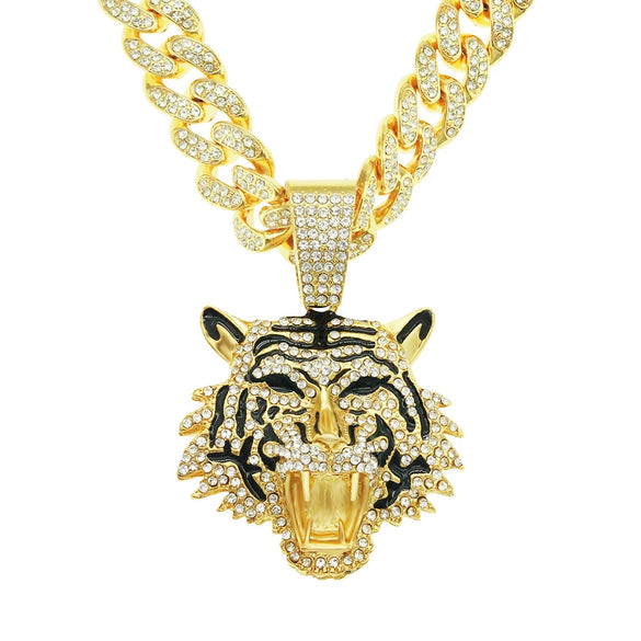 Alloy Hiphop Geometric Diamond Tiger Head Pendant Cuban Chain Men's Necklace