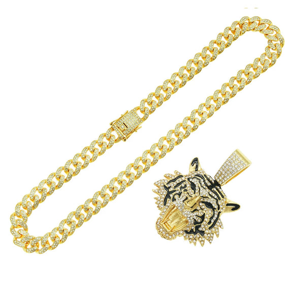 Alloy Hiphop Geometric Diamond Tiger Head Pendant Cuban Chain Men's Necklace