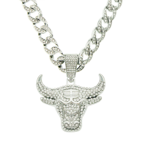 Alloy Hiphop Geometric Diamondencrusted Cow's Head Pendant Cuban Chain Necklace