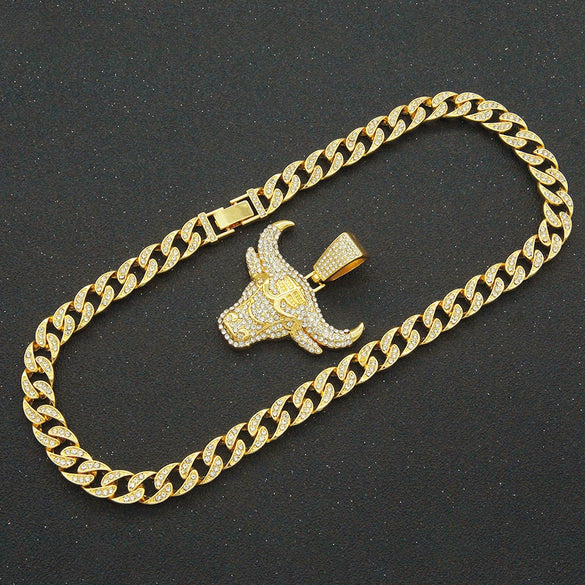 Alloy Hiphop Geometric Diamondencrusted Cow's Head Pendant Cuban Chain Necklace
