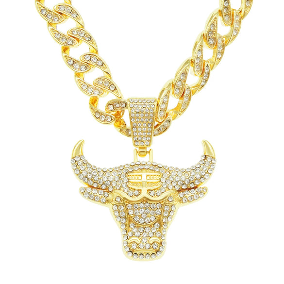 Alloy Hiphop Geometric Diamondencrusted Cow's Head Pendant Cuban Chain Necklace