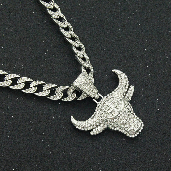 Alloy Hiphop Geometric Diamondencrusted Cow's Head Pendant Cuban Chain Necklace