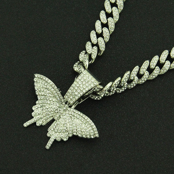 Alloy Hiphop Punk Style Threedimensional Butterfly Pendant With Diamond And Cuban Chain Accessories