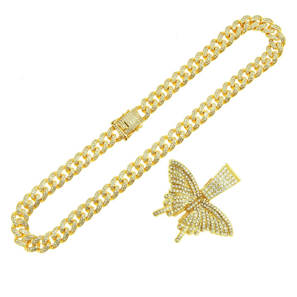 Alloy Hiphop Punk Style Threedimensional Butterfly Pendant With Diamond And Cuban Chain Accessories