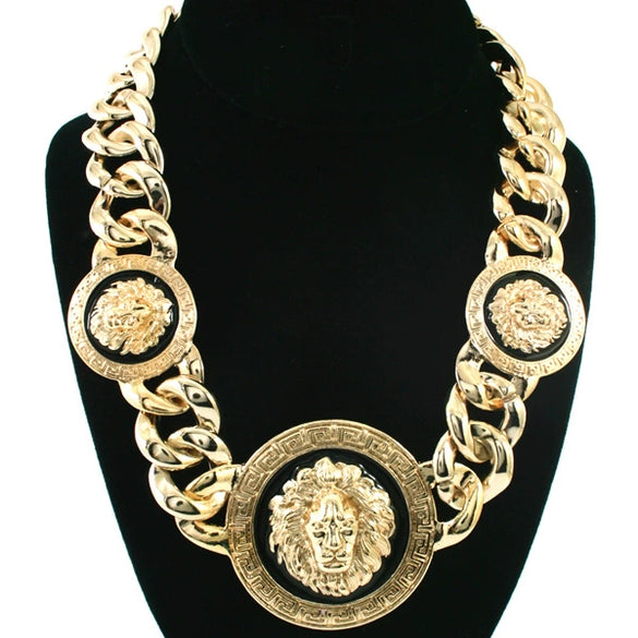 Alloy Hiphop Style Animals Zodiac Fuel Injection Lion Head Pendant Necklace With Snake Bone Chain