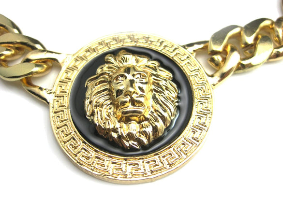 Alloy Hiphop Style Animals Zodiac Fuel Injection Lion Head Pendant Necklace With Snake Bone Chain