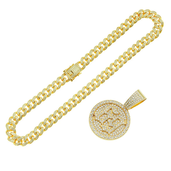 Alloy Hiphop Style Digital Round Pendant Cuban Chain Necklace With Diamond And Letters Numbers Text Design