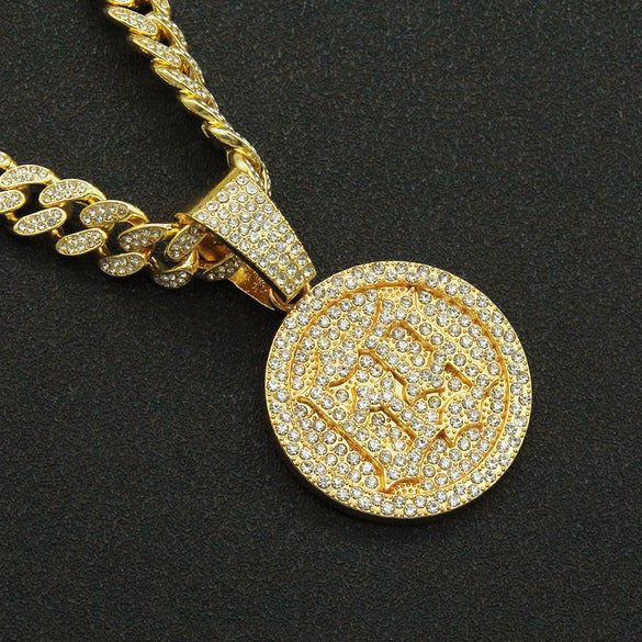 Alloy Hiphop Style Digital Round Pendant Cuban Chain Necklace With Diamond And Letters Numbers Text Design