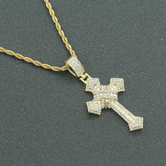 Alloy Hiphop Threedimensional Diamond Cross Pendant Necklace