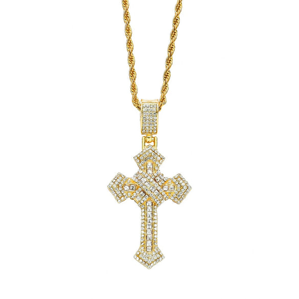 Alloy Hiphop Threedimensional Diamond Cross Pendant Necklace