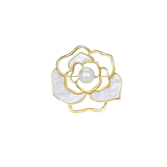 Alloy Hollow Camellia Animal Shaped Pearl Brooch With Electroplating Natural Style Fashion Accessory For Women