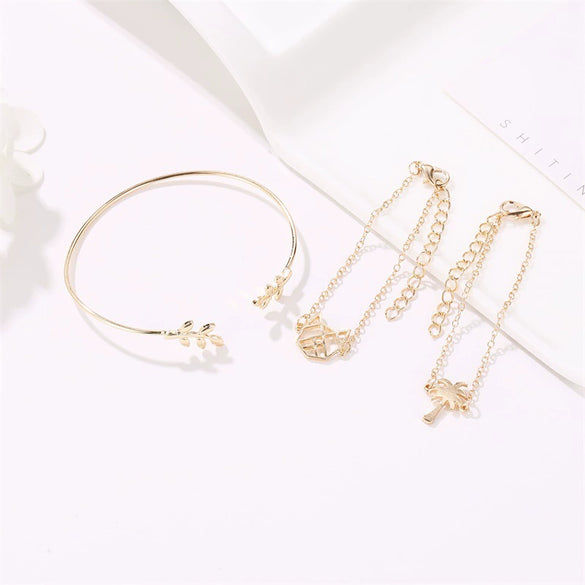 Alloy Hollow Cat And Leaf Threepiece Bracelet For Women With Electroplating