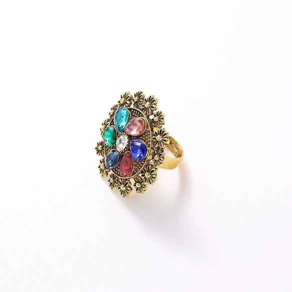 Alloy Hollow Flower Opening Ring For Women With Diamond Design Retro Fashion Style