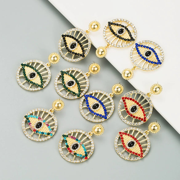 Alloy Hollow Round Turkish Eye Diamond Earrings For Women Retro Fashion Jewelry